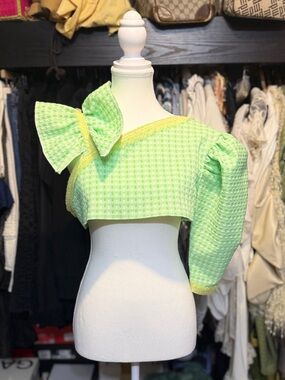 Neon Green Puff-Sleeve Crop Top with ruffle